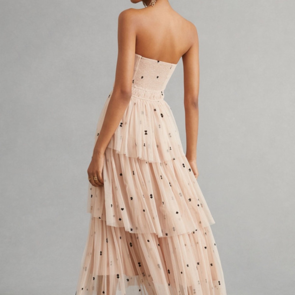Maeve Strapless Blush Pink Tiered Tulle Maxi Dress with Black Dot Embellishments - Picture 4 of 5